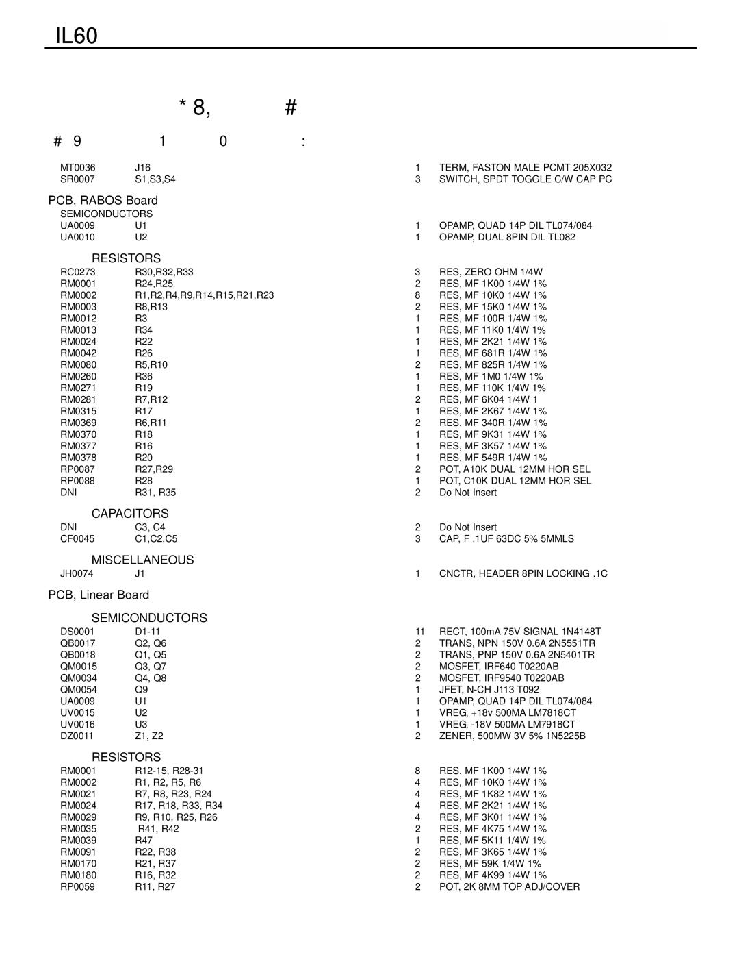 Infinity IL60 L/R service manual PCB, Rabos Board 