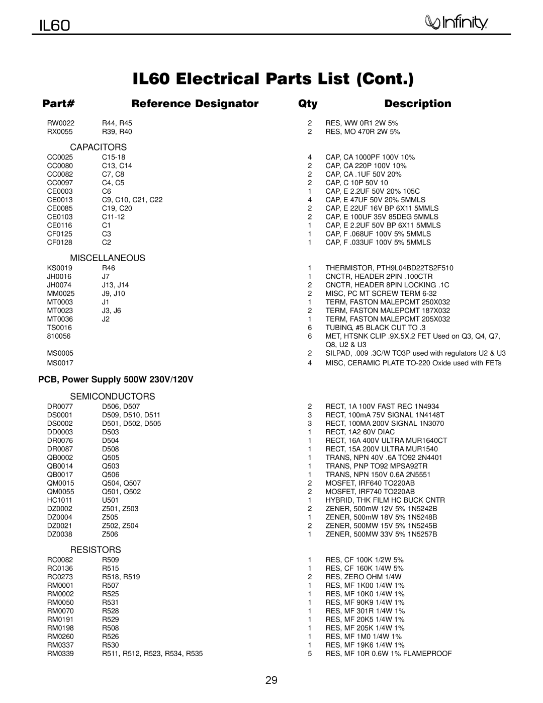 Infinity IL60 L/R service manual PCB, Power Supply 500W 230V/120V 