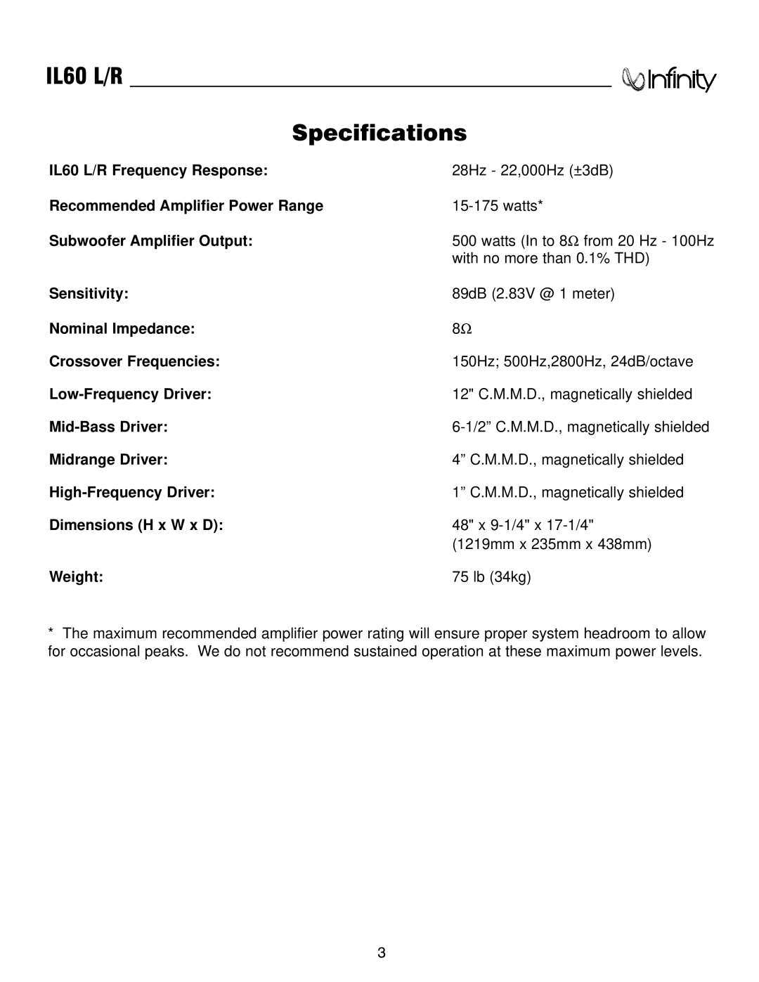 Infinity service manual IL60 L/R Specifications, Weight 