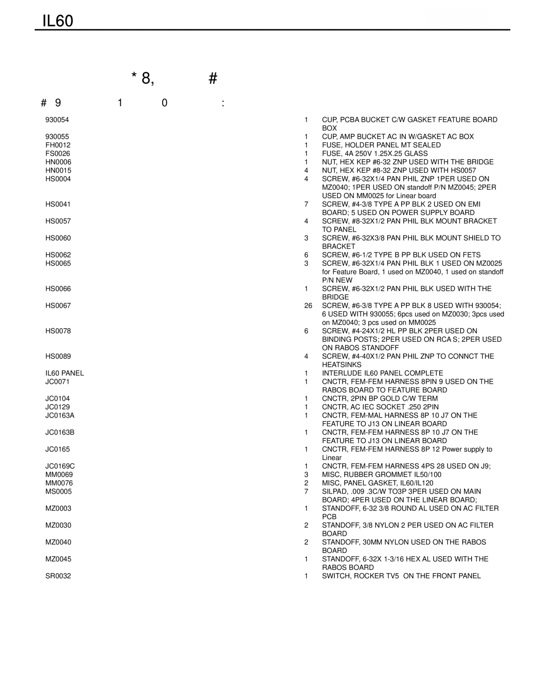 Infinity IL60 L/R service manual CUP, Pcba Bucket C/W Gasket Feature Board 