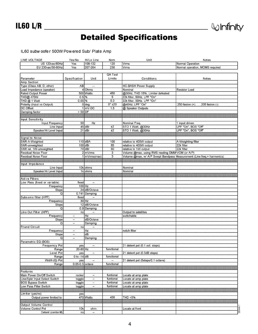 Infinity service manual IL60 L/R Detailed Specifications 