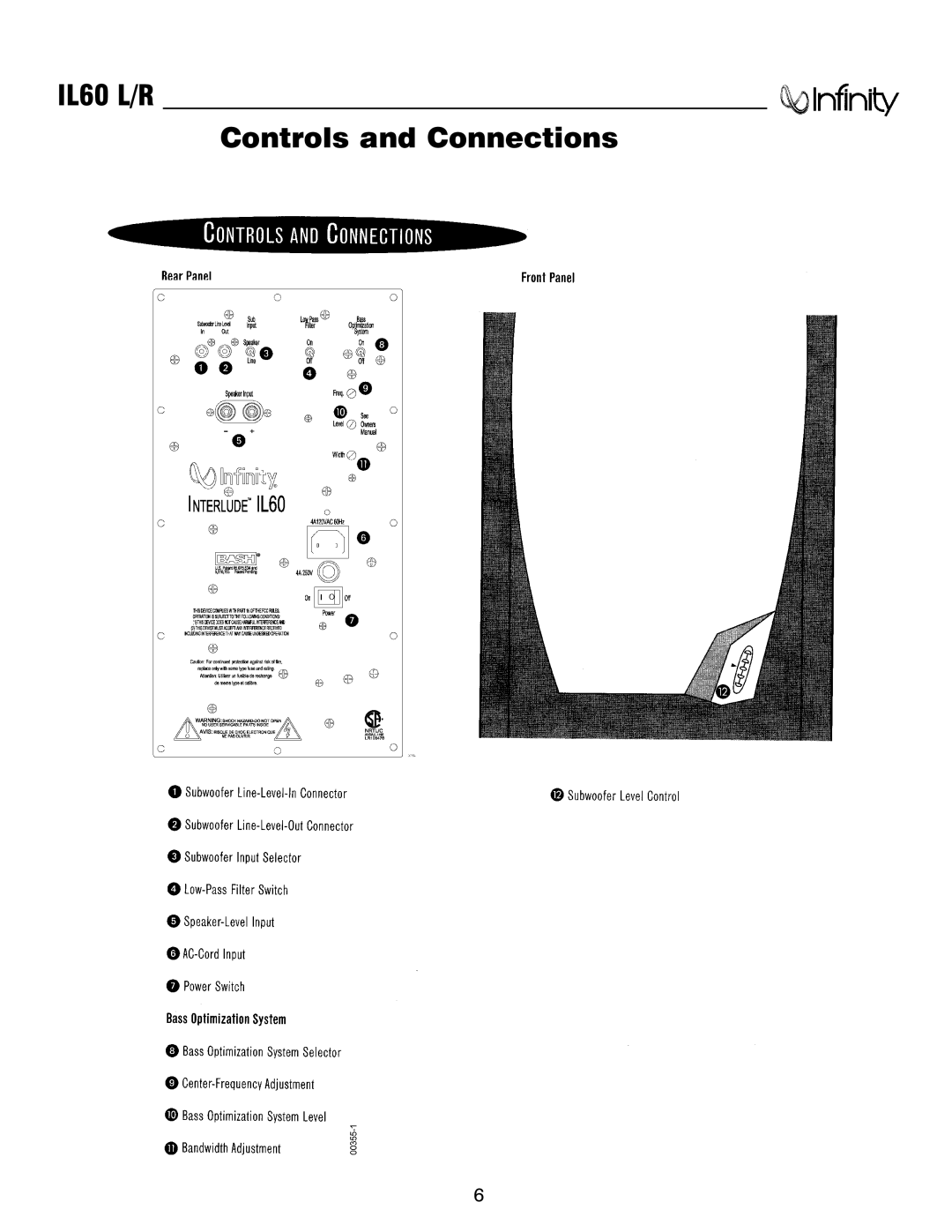 Infinity service manual IL60 L/R Controls and Connections 