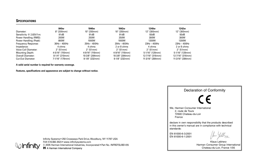 Infinity Infinity Reference Series subwoofer manual Specifications, 840w 1040w 1042w 1240w 1242w 