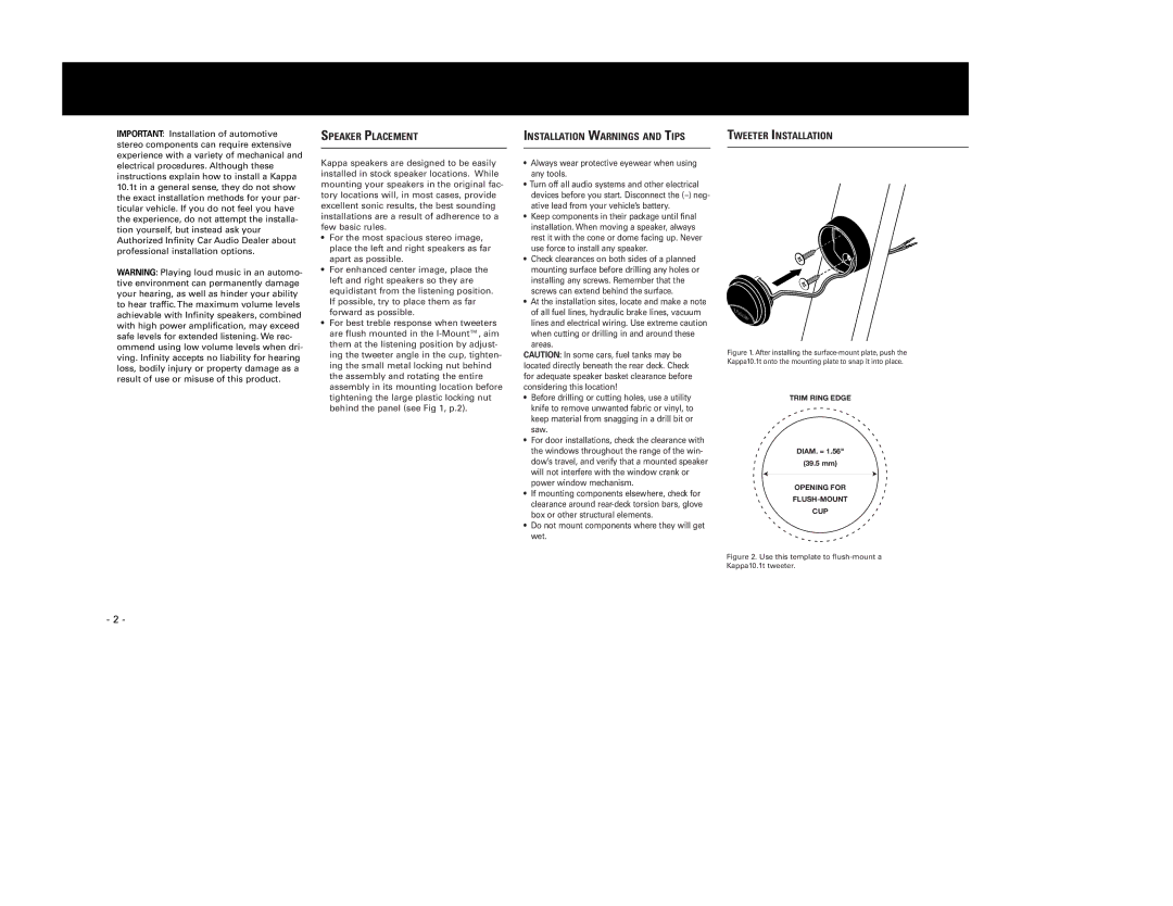 Infinity Kappa Series manual Speaker Placement Installation Warnings and Tips, Tweeter Installation, Trim Ring Edge 