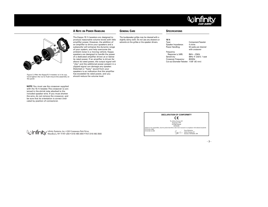 Infinity Kappa Series manual General Care Specifications, 10.1t, Declaration of Conformity 