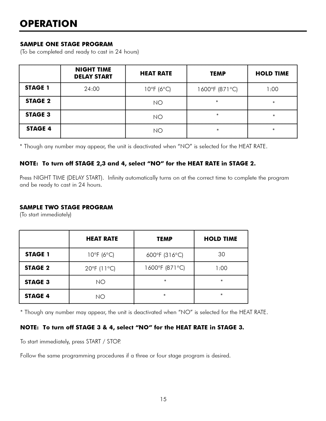 Infinity L30, M30 manual Sample ONE Stage Program, Night Time Heat Rate, Hold Time, Sample TWO Stage Program 