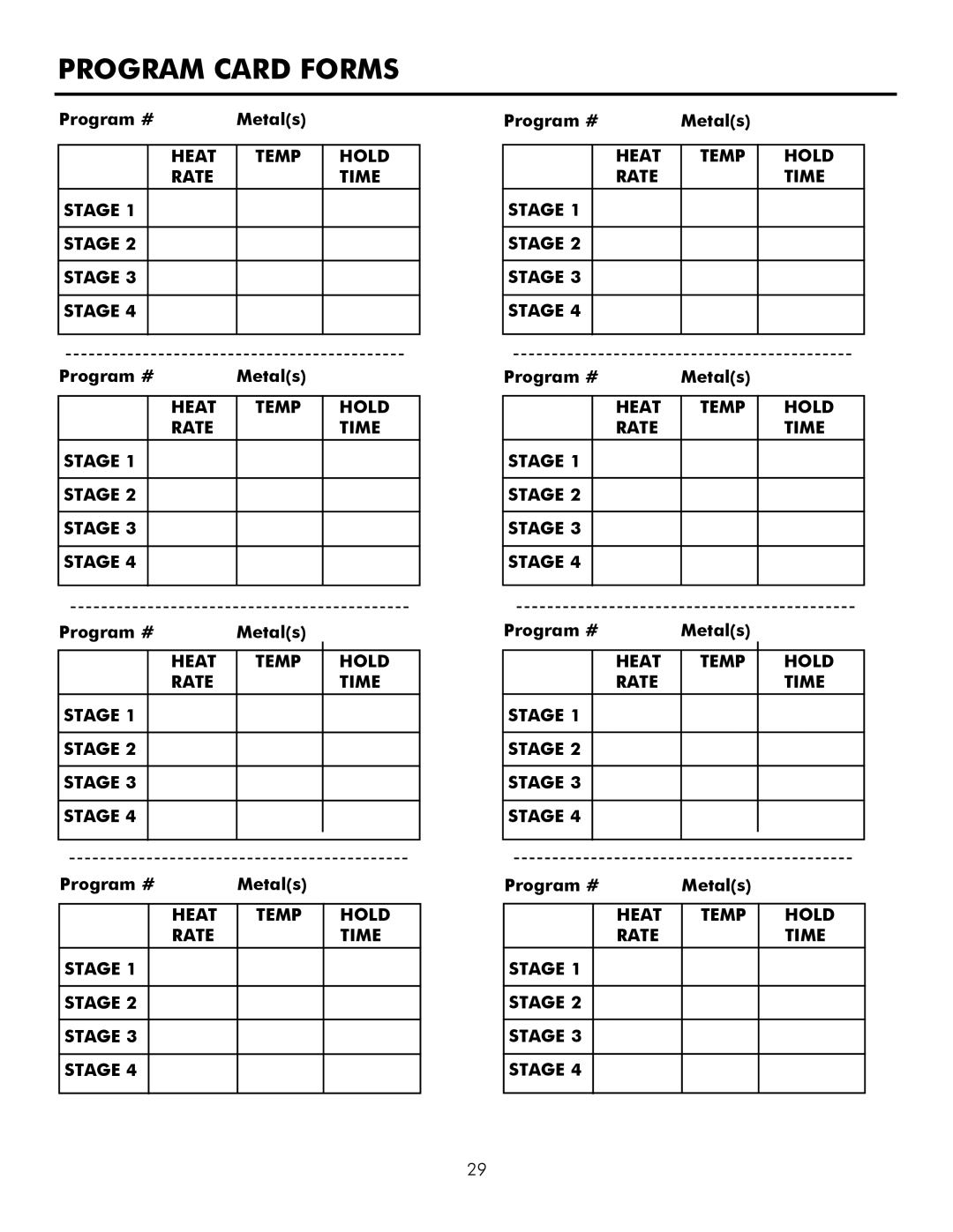 Infinity L30, M30 manual Program Card Forms, Program # Metals, Heat Temp Hold Rate Time Stage 