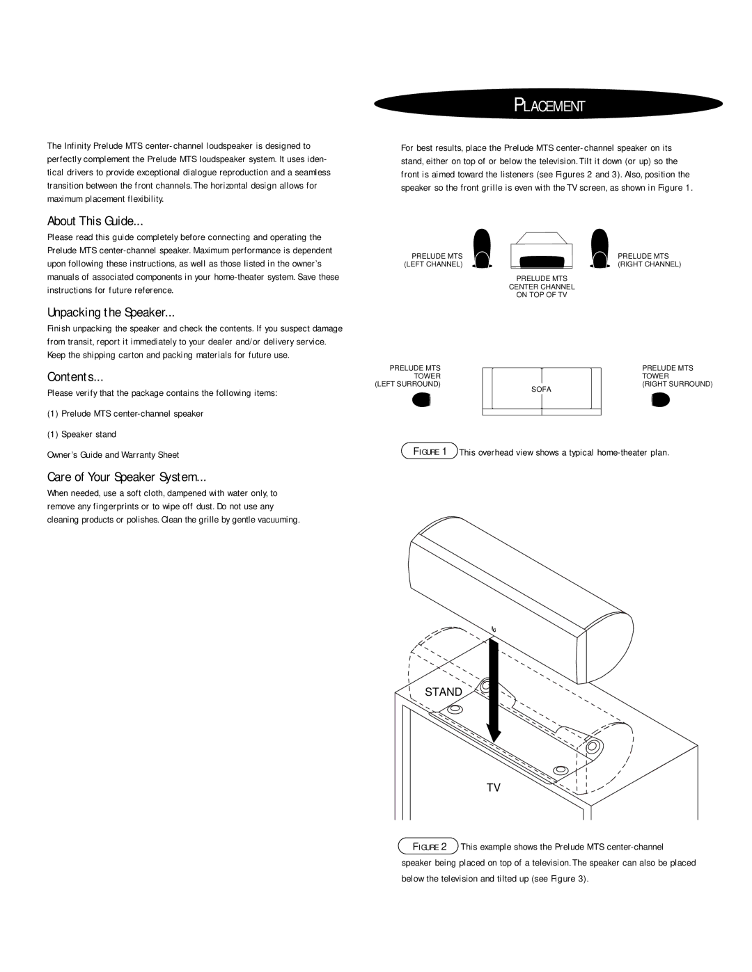 Infinity MTS Center manual Placement, About This Guide Unpacking the Speaker, Contents, Care of Your Speaker System 