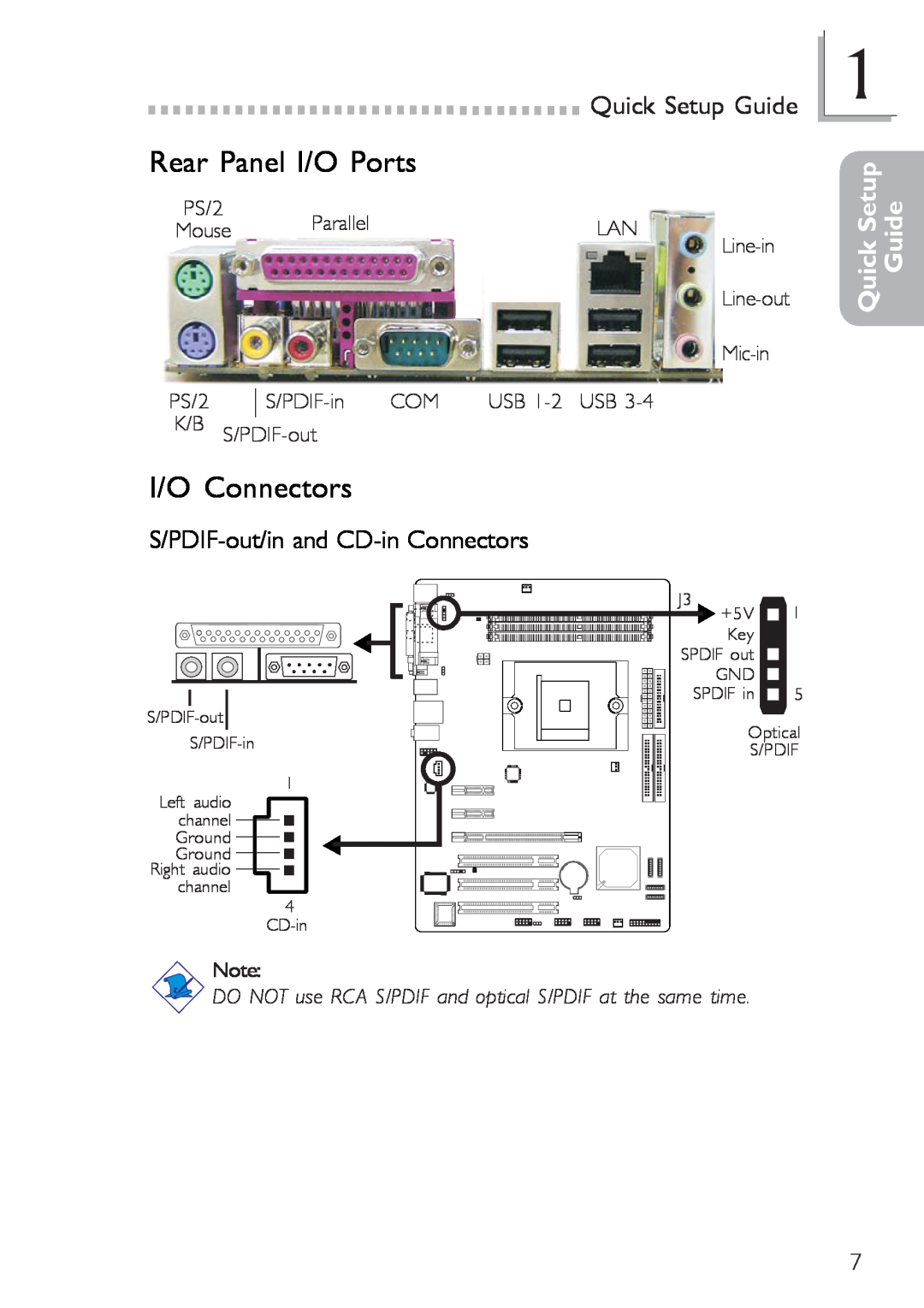 Infinity nF4X Rear Panel I/O Ports, I/O Connectors, S/PDIF-out/inand CD-inConnectors, Quick Setup Guide, USB 1-2USB 