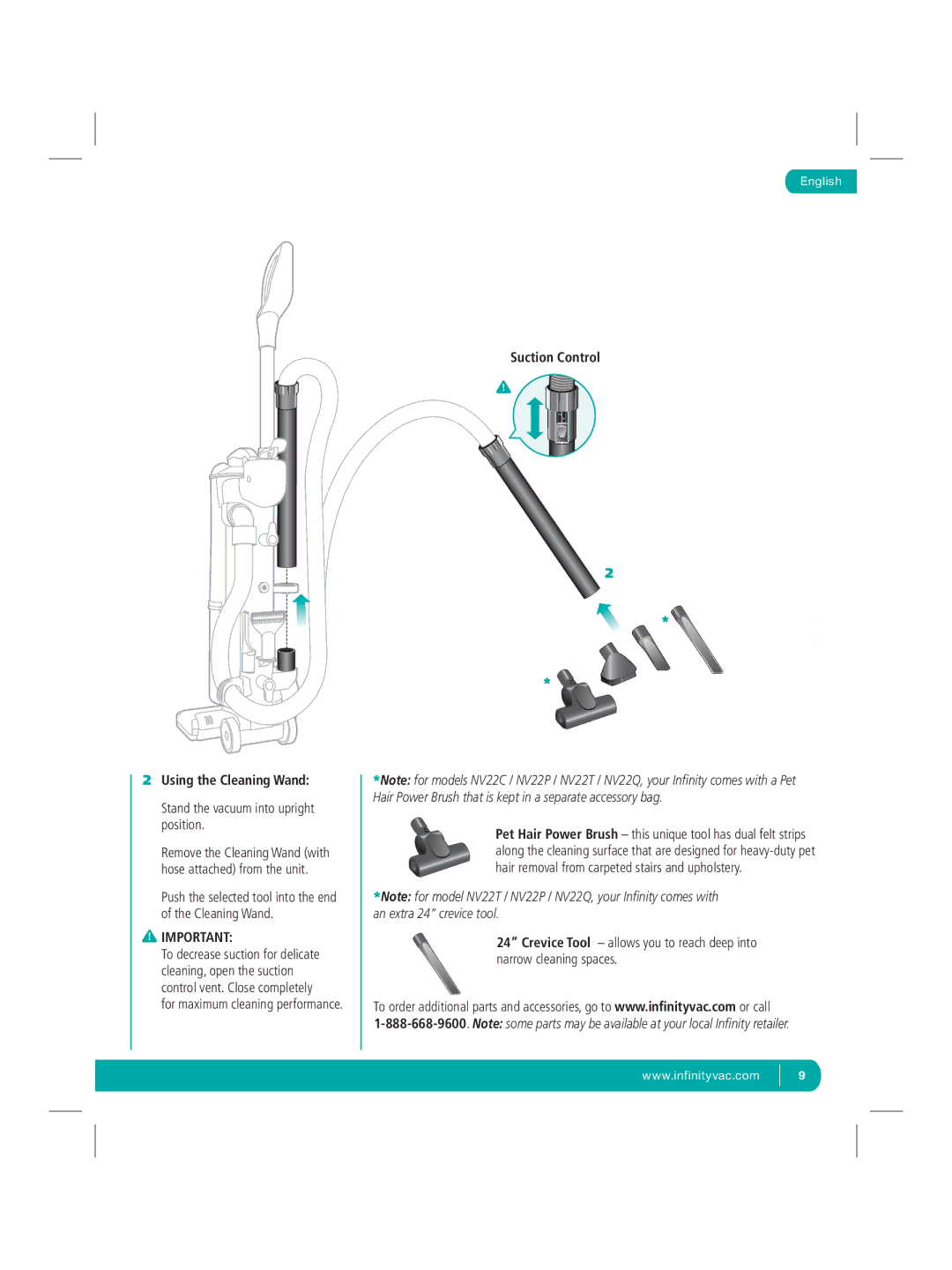 Infinity NV22Q manual Using the Cleaning Wand, Stand the vacuum into upright position 