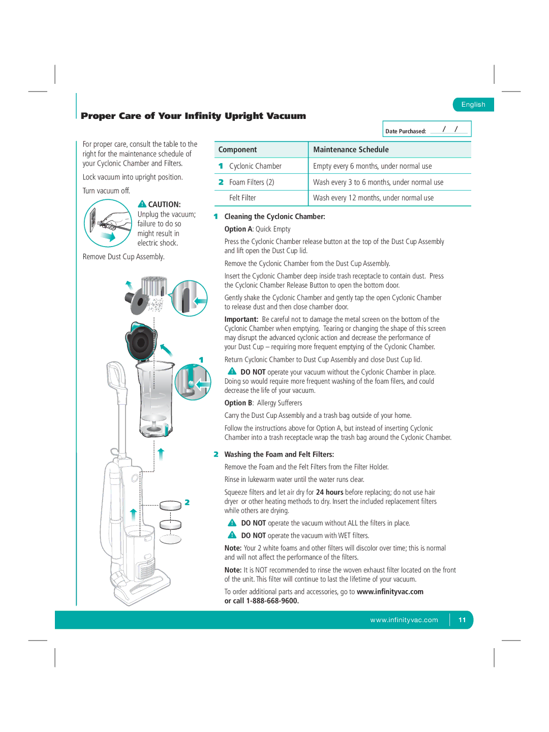 Infinity NV22Q manual Component Maintenance Schedule, Washing the Foam and Felt Filters 