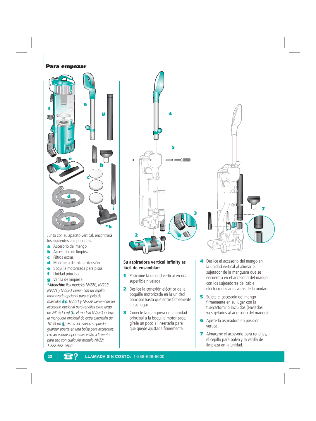 Infinity NV22Q manual Para empezar, Su aspiradora vertical Inﬁnity es fácil de ensamblar 