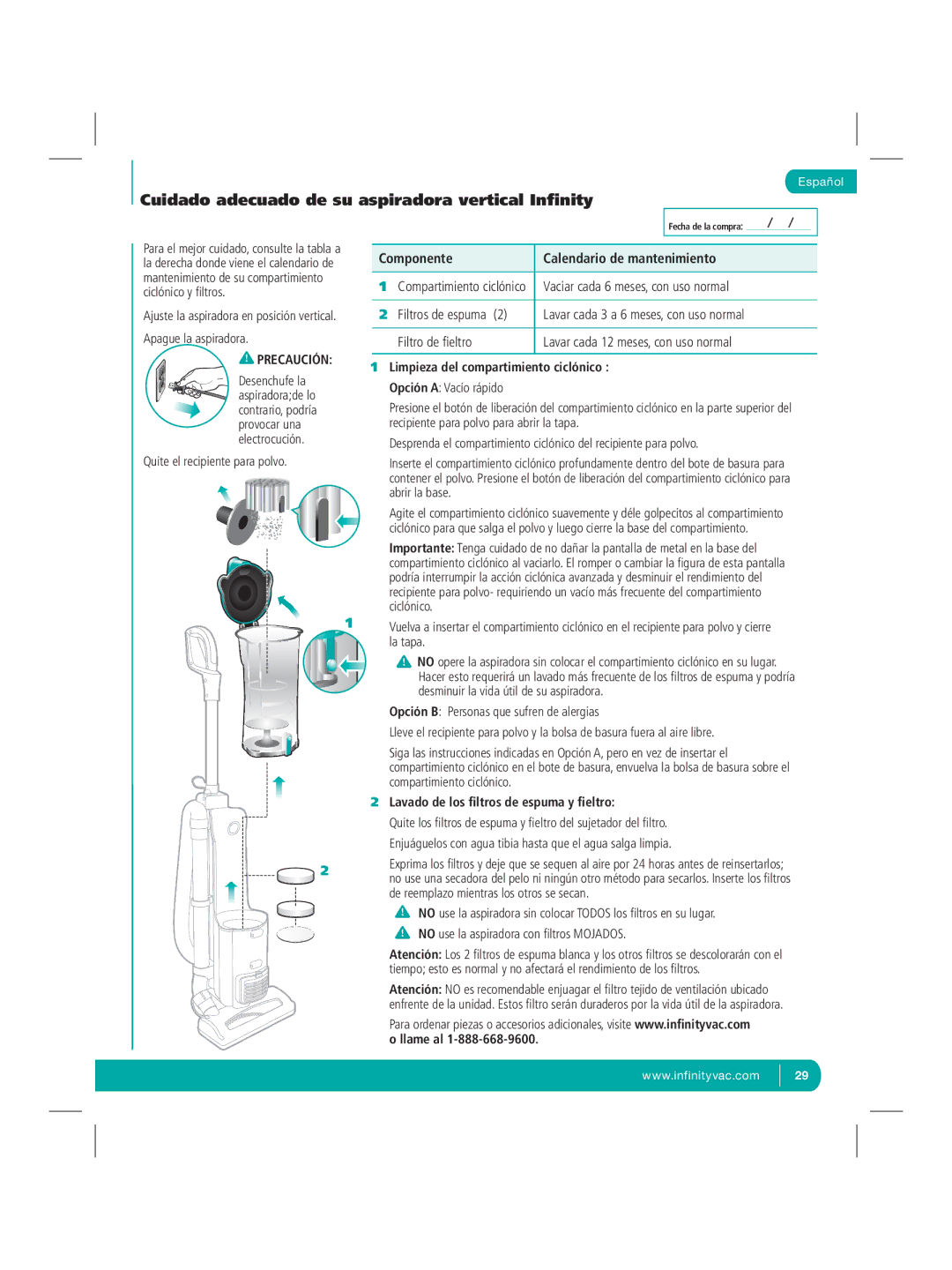 Infinity NV22Q manual Cuidado adecuado de su aspiradora vertical Inﬁnity, Componente Calendario de mantenimiento 