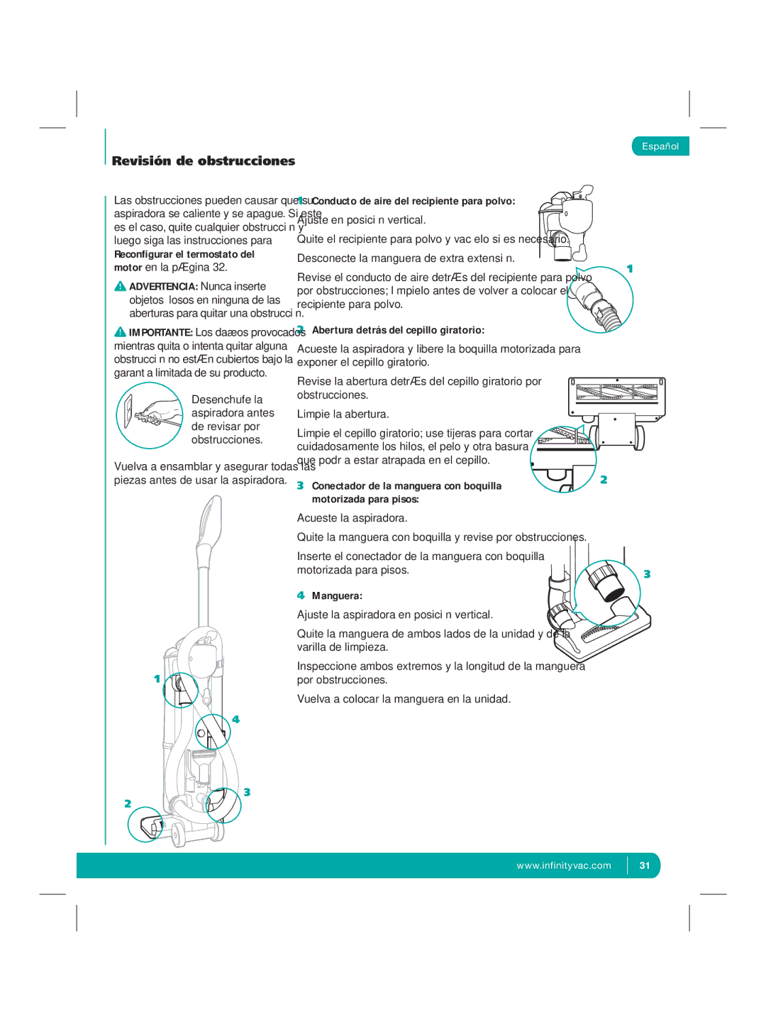 Infinity NV22Q manual Abertura detrás del cepillo giratorio, Acueste la aspiradora, Manguera 