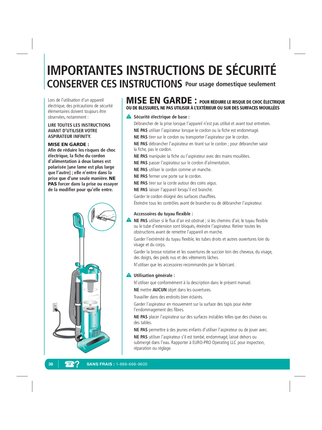 Infinity NV22Q manual Conserver CES Instructions Pour usage domestique seulement, Sécurité électrique de base 