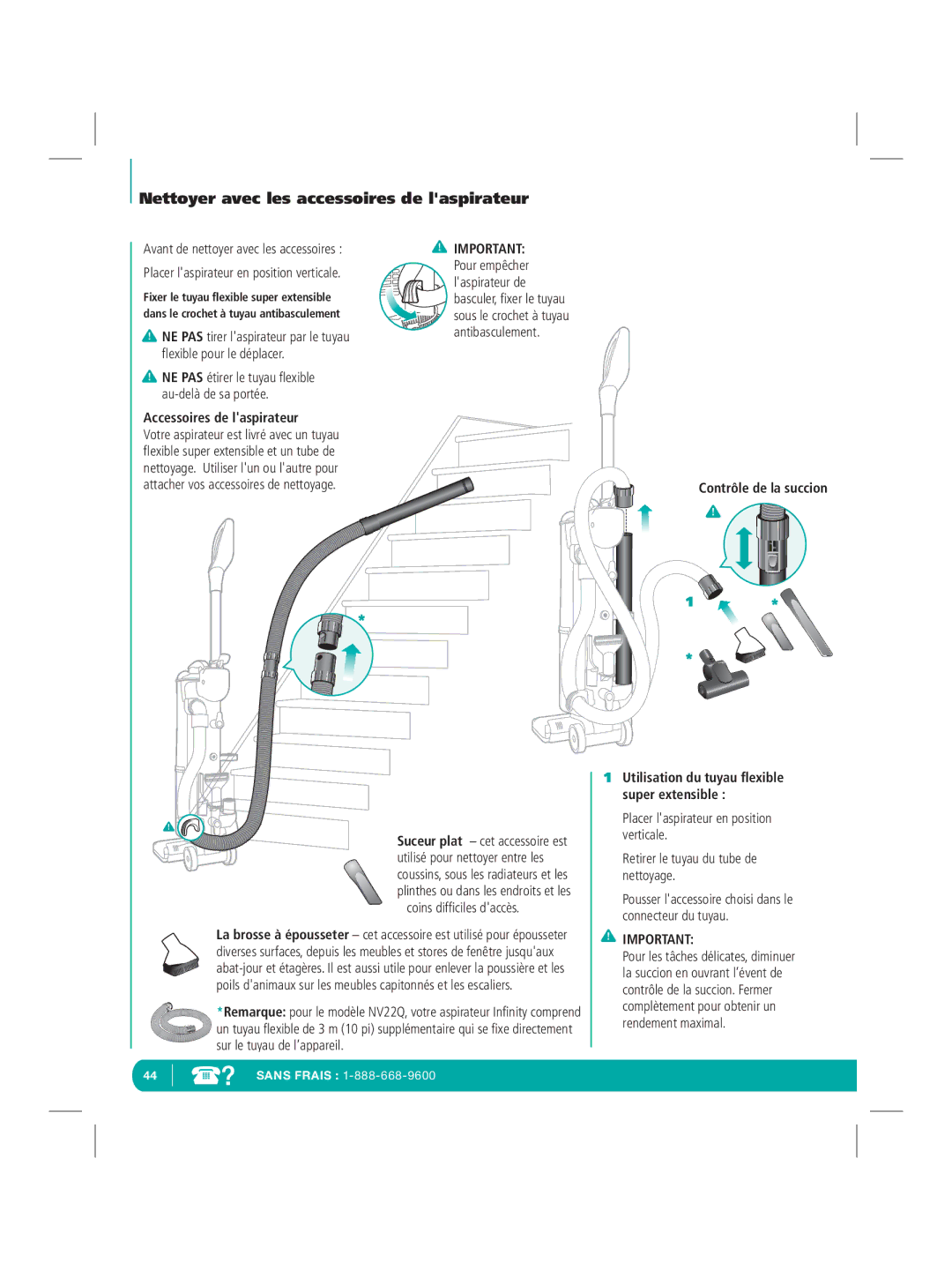 Infinity NV22Q manual Nettoyer avec les accessoires de laspirateur, Accessoires de laspirateur, Coins difﬁciles daccès 