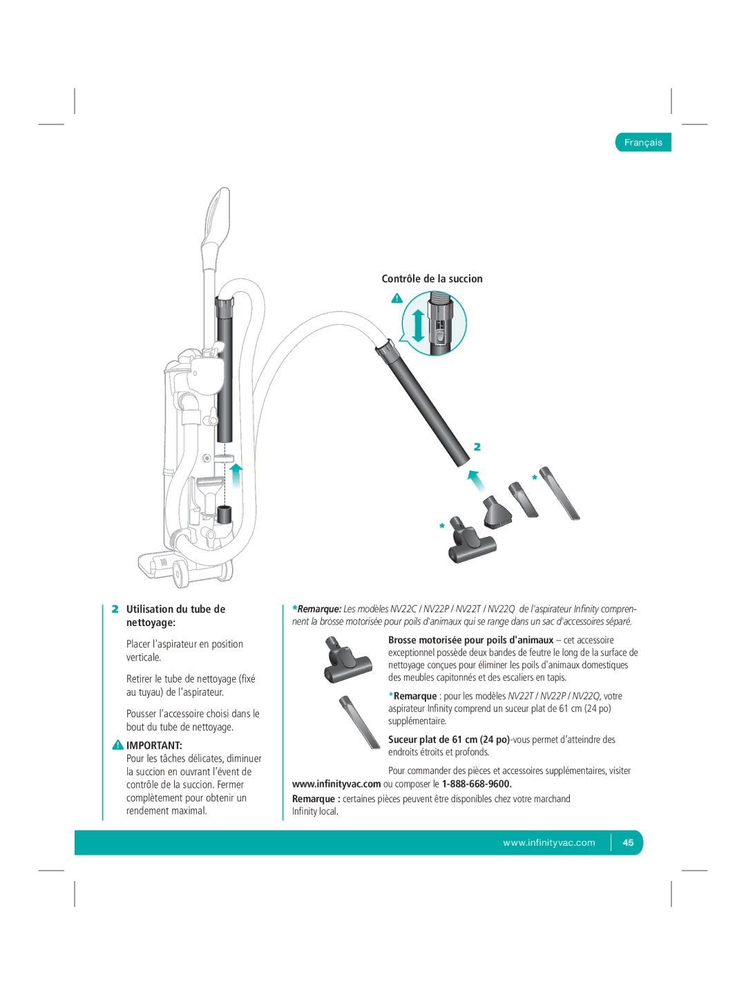 Infinity NV22Q manual Utilisation du tube de nettoyage, Contrôle de la succion 