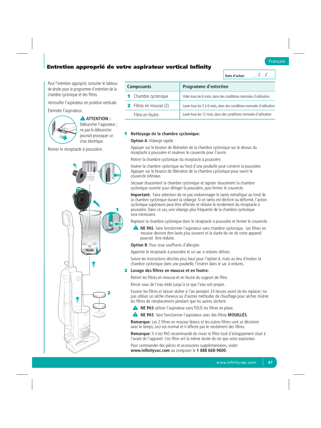 Infinity NV22Q manual Entretien approprié de votre aspirateur vertical Inﬁnity, Composants Programme dentretien 