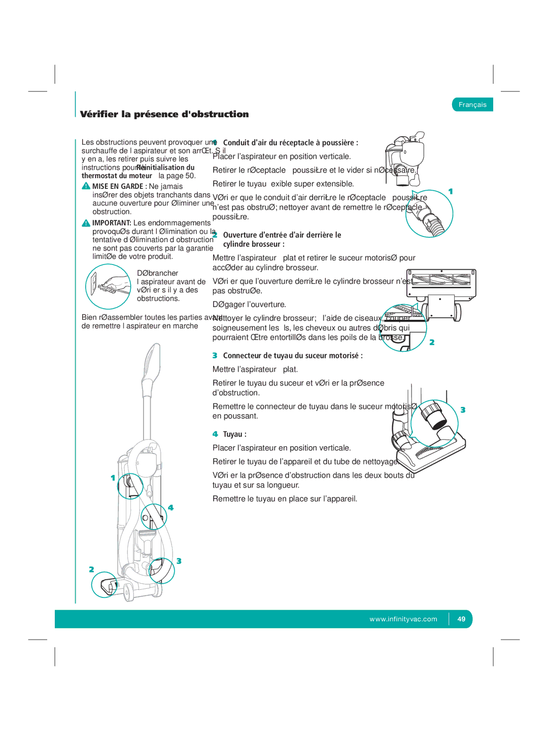 Infinity NV22Q manual Vériﬁer la présence dobstruction, Conduit dair du réceptacle à poussière, Tuyau 