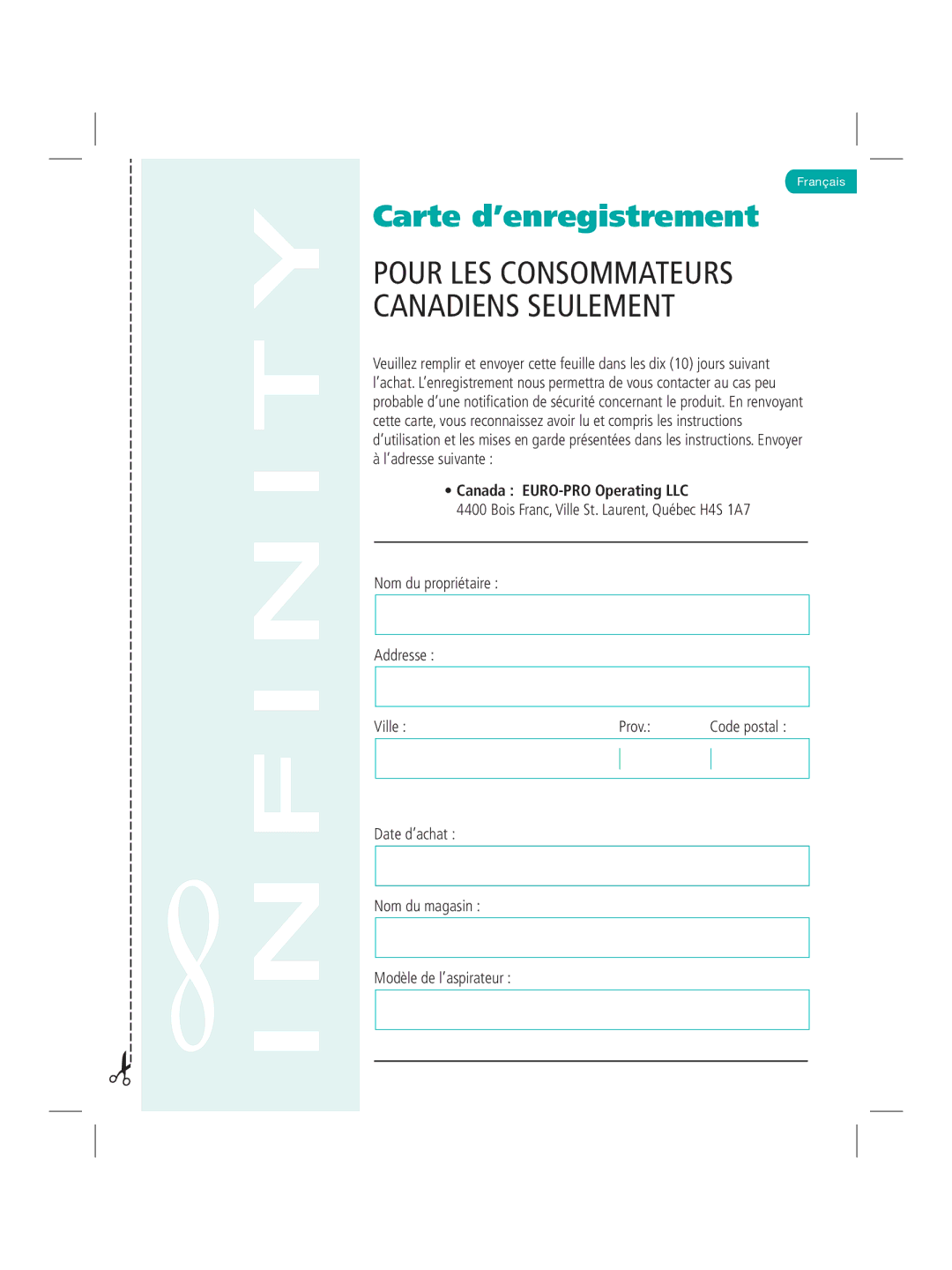 Infinity NV22Q manual Carte d’enregistrement 