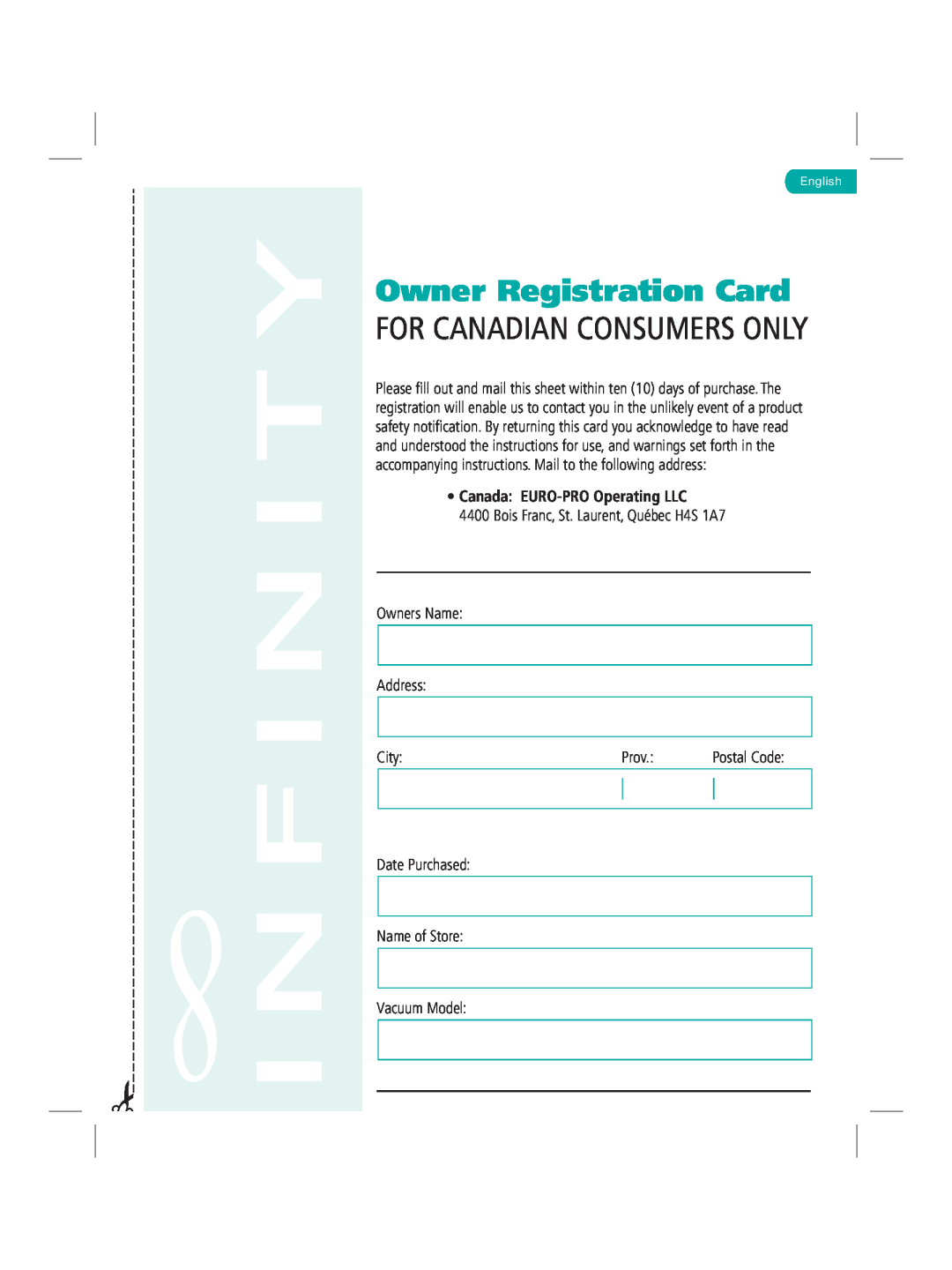Infinity NV22Q manual Owner Registration Card, Bois Franc, St. Laurent, Québec H4S 1A7, Owners Name Address, City, Prov 