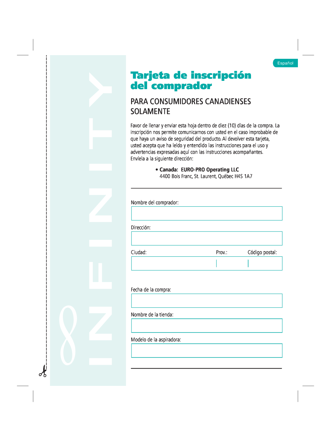 Infinity NV22Q Tarjeta de inscripción del comprador, Nombre del comprador Dirección, Ciudad, Modelo de la aspiradora, Prov 