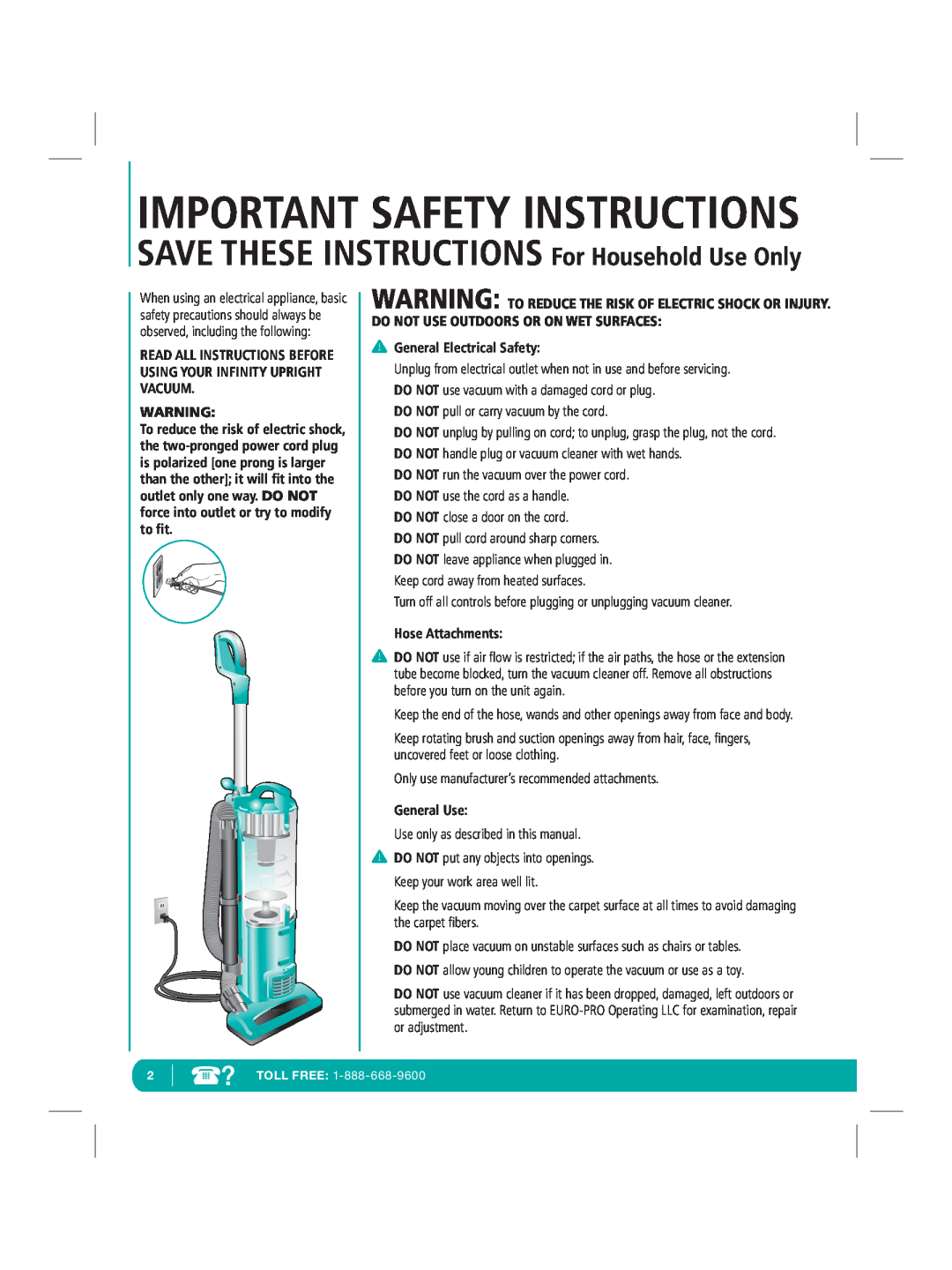 Infinity NV22Q Important Safety Instructions, SAVE THESE INSTRUCTIONS For Household Use Only, General Electrical Safety 