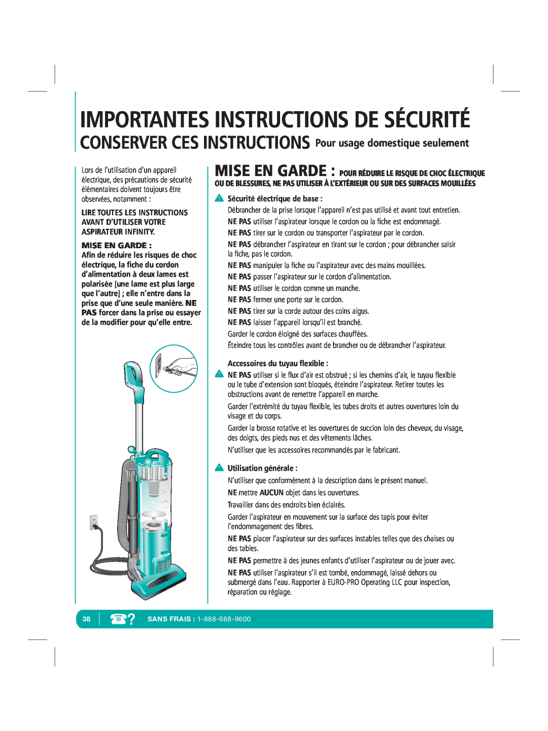 Infinity NV22Q Importantes Instructions De Sécurité, Mise En Garde, Sécurité électrique de base, Utilisation générale 