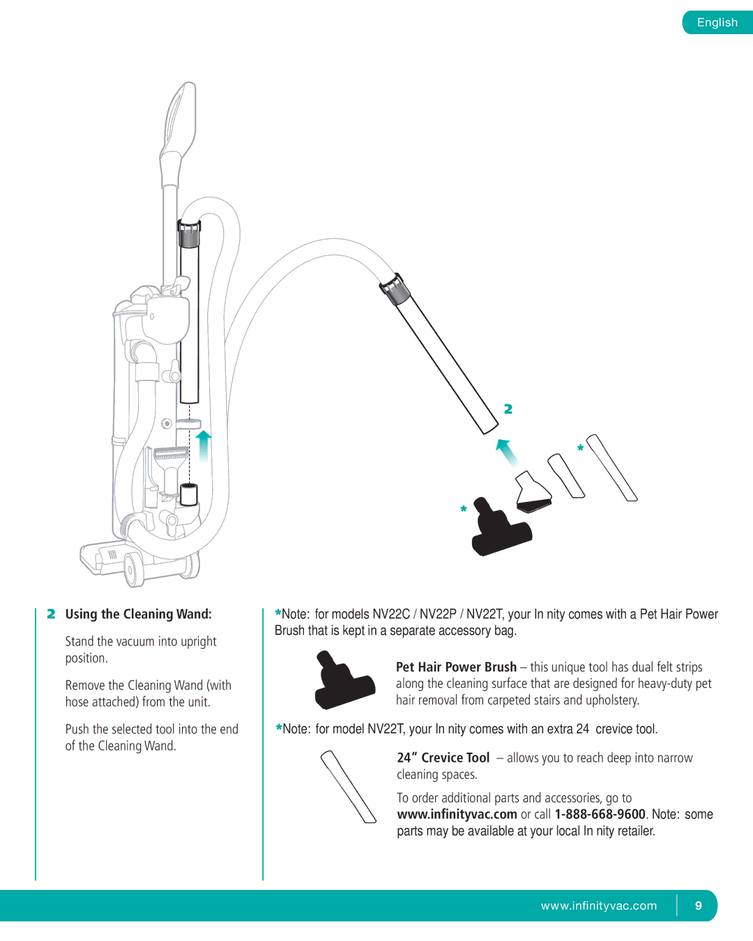 Infinity NV22C, NV22T, NV22P manual Using the Cleaning Wand, Push the selected tool into the end of the Cleaning Wand 