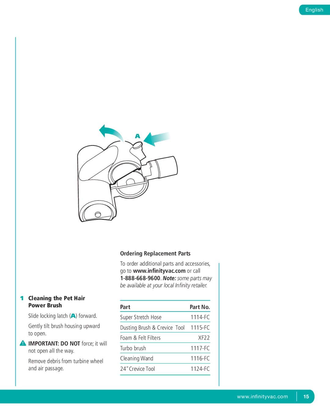 Infinity NV22T, NV22P, NV22C Cleaning the Pet Hair Power Brush, Important do not force it will not open all the way, Part 