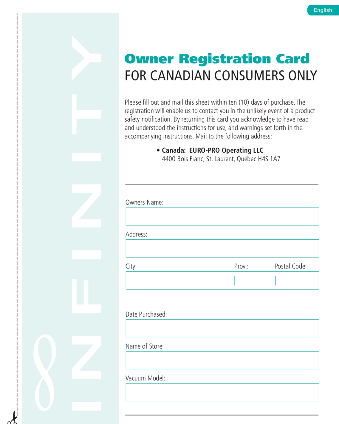 Infinity NV22C, NV22T, NV22P manual Owner Registration Card, Canada EURO-PRO Operating LLC 