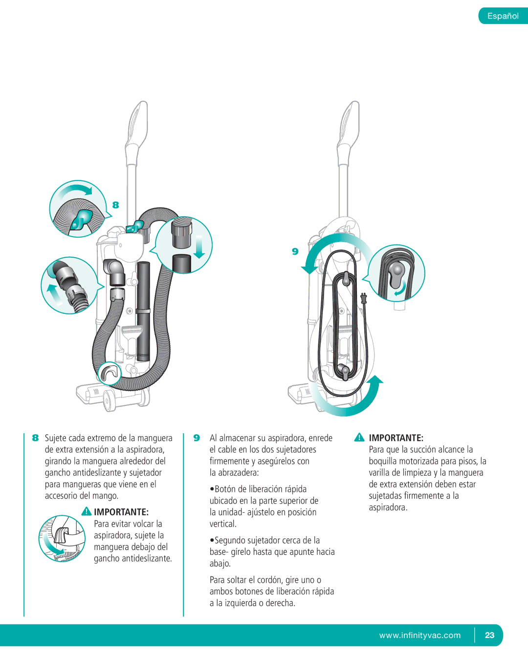 Infinity NV22T, NV22P, NV22C manual La abrazadera, Importante 