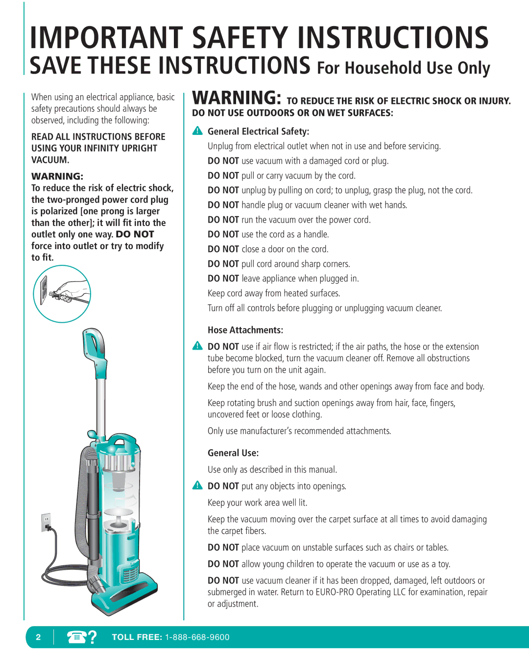 Infinity NV22T, NV22P, NV22C manual General Electrical Safety, Hose Attachments, General Use 