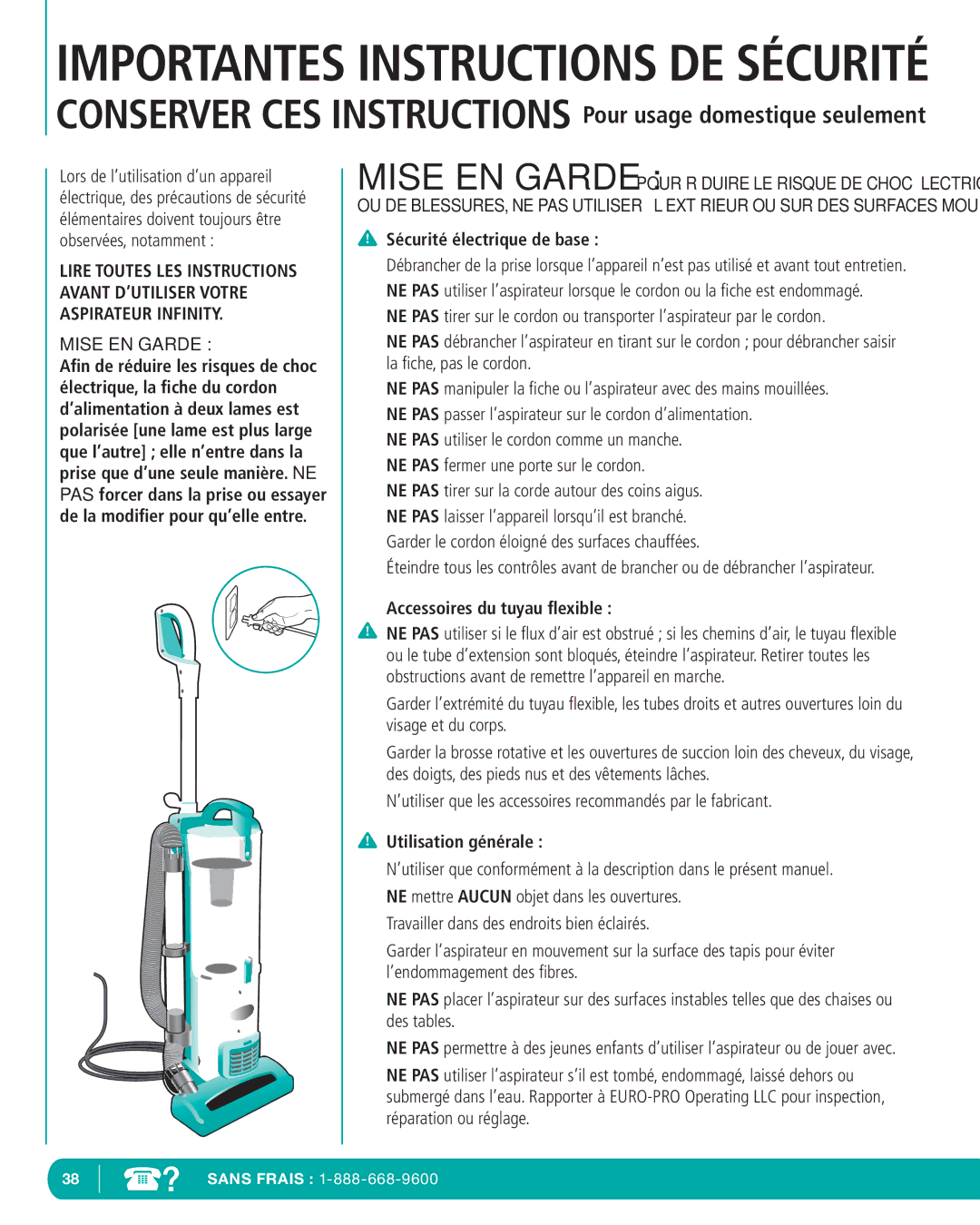 Infinity NV22P, NV22T, NV22C manual Sécurité électrique de base, Accessoires du tuyau ﬂexible, Utilisation générale 