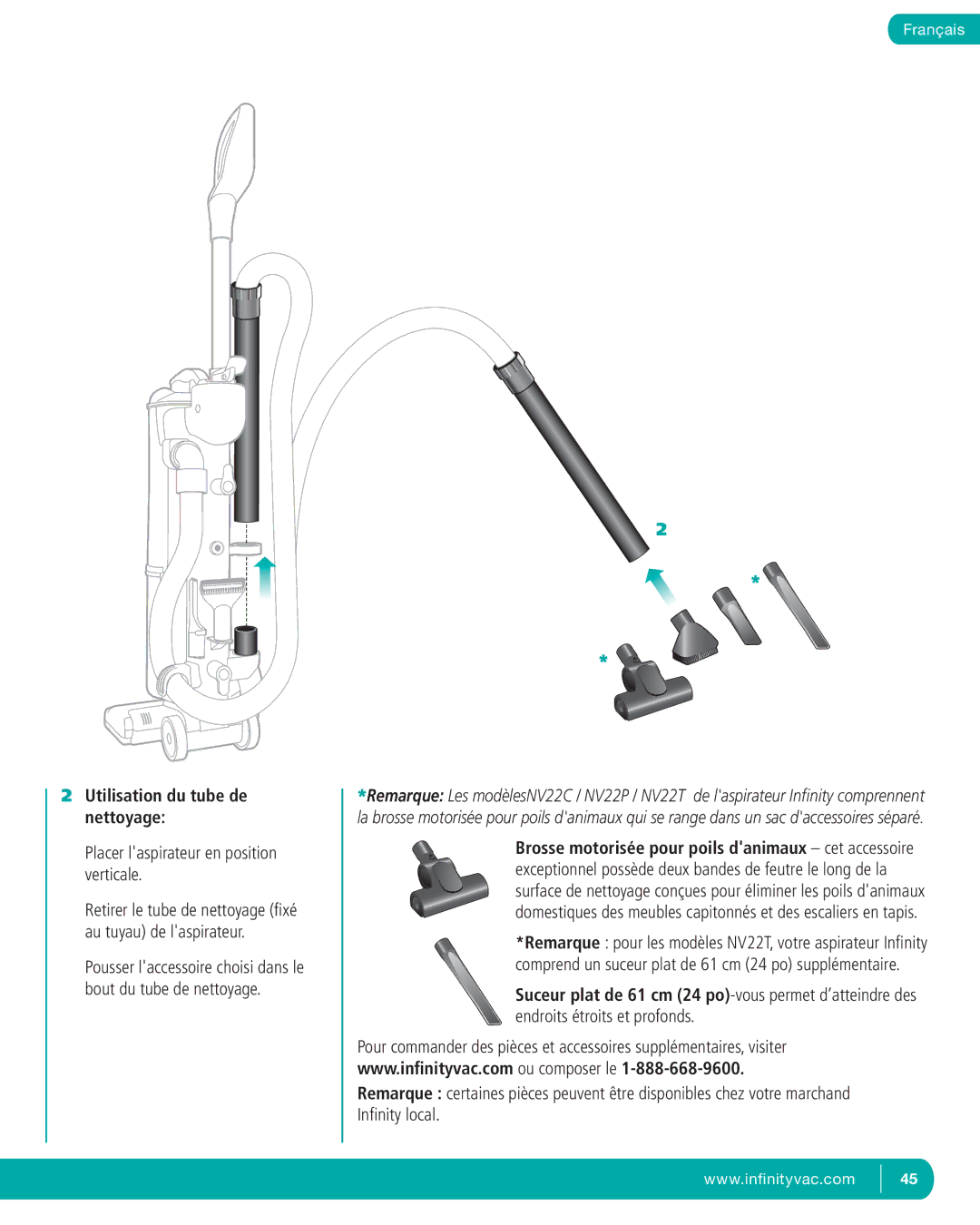 Infinity NV22T, NV22P, NV22C Utilisation du tube de nettoyage, Retirer le tube de nettoyage ﬁxé au tuyau de laspirateur 