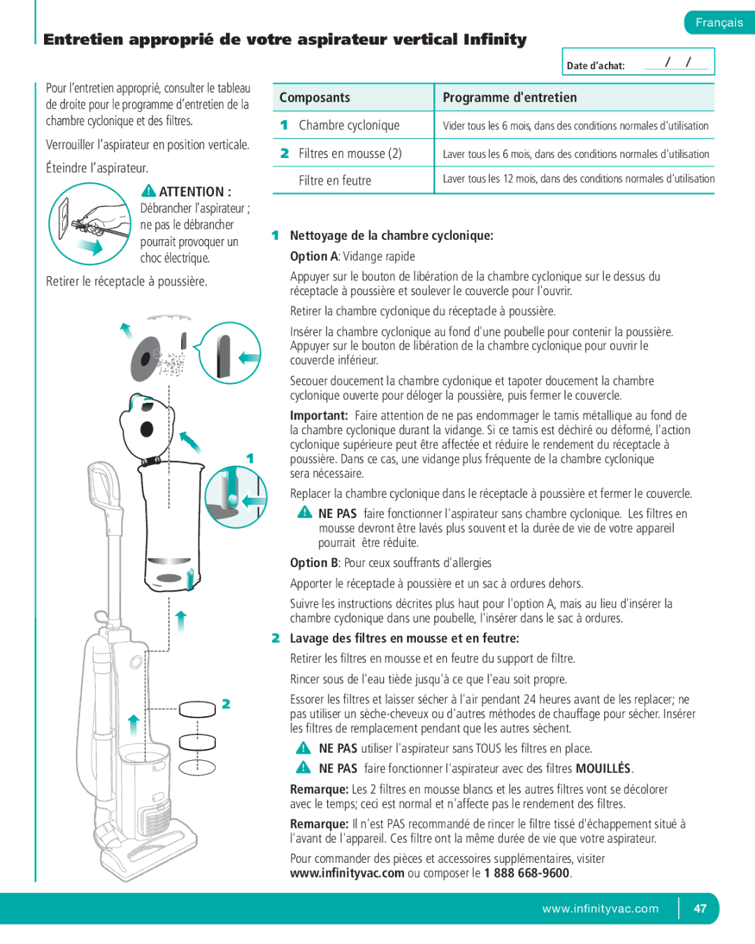 Infinity NV22C, NV22T, NV22P manual Entretien approprié de votre aspirateur vertical Inﬁnity, Composants Programme dentretien 