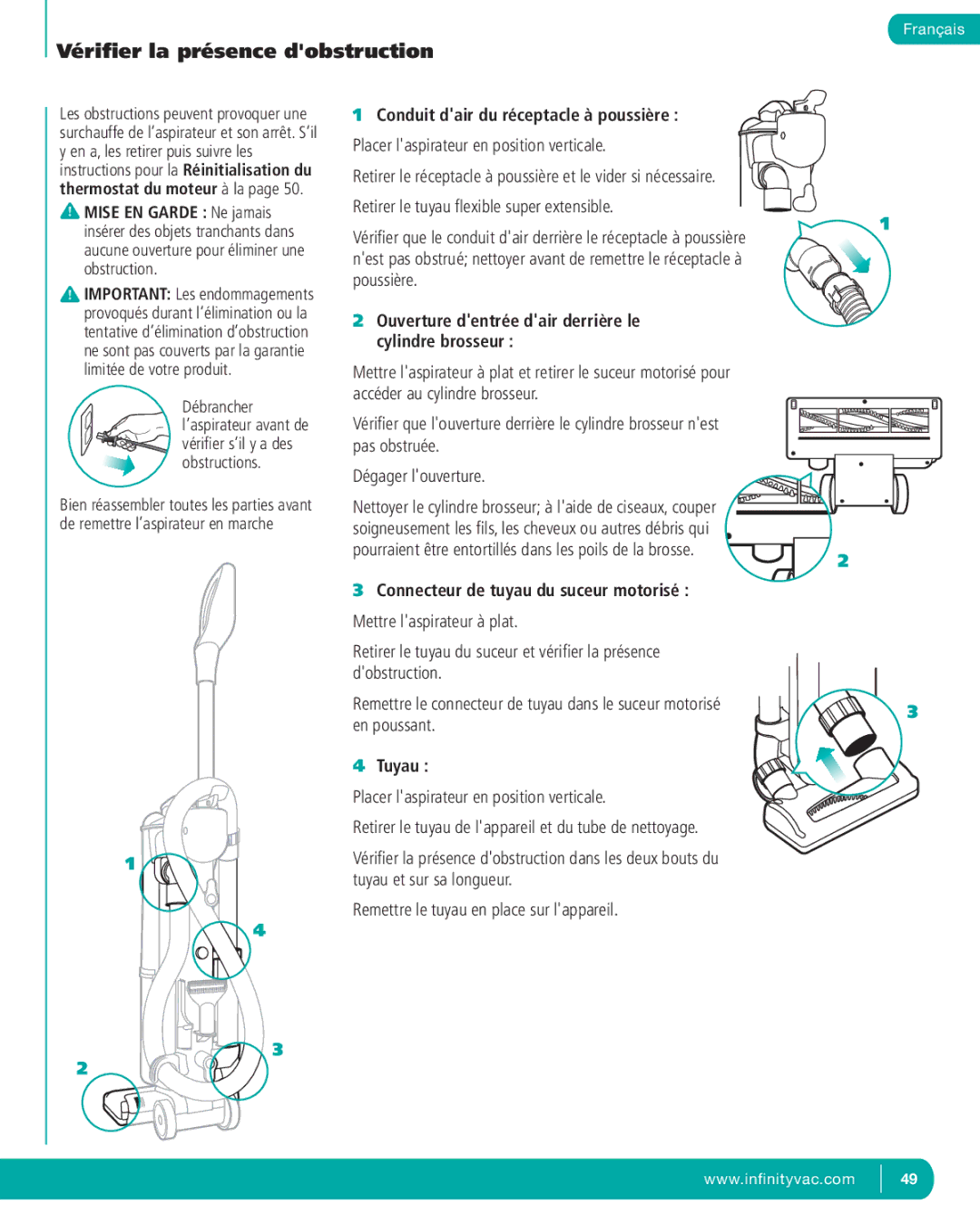 Infinity NV22T, NV22P, NV22C manual Vériﬁer la présence dobstruction, Conduit dair du réceptacle à poussière, Tuyau 