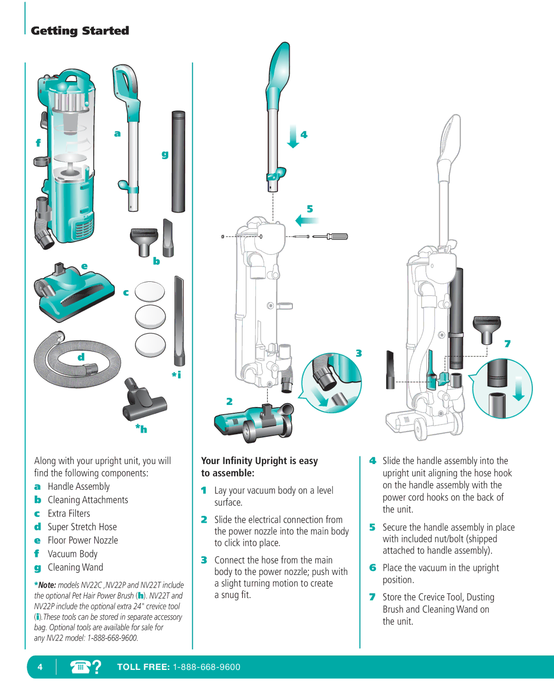 Infinity NV22P, NV22T, NV22C manual Handle Assembly, Cleaning Wand, Your Inﬁnity Upright is easy to assemble, Snug ﬁt 