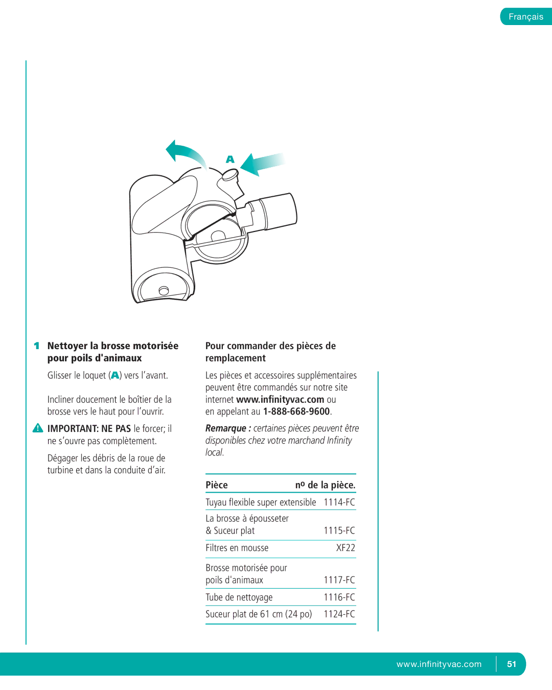 Infinity NV22C, NV22T, NV22P manual Pour commander des pièces de remplacement, Pièce 