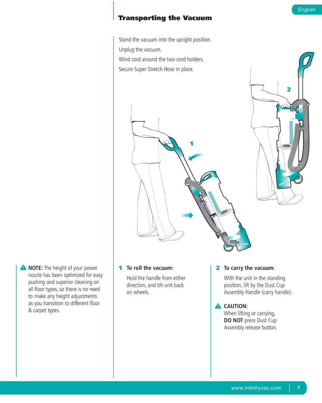 Infinity NV22T, NV22P, NV22C manual To roll the vacuum, To carry the vacuum 