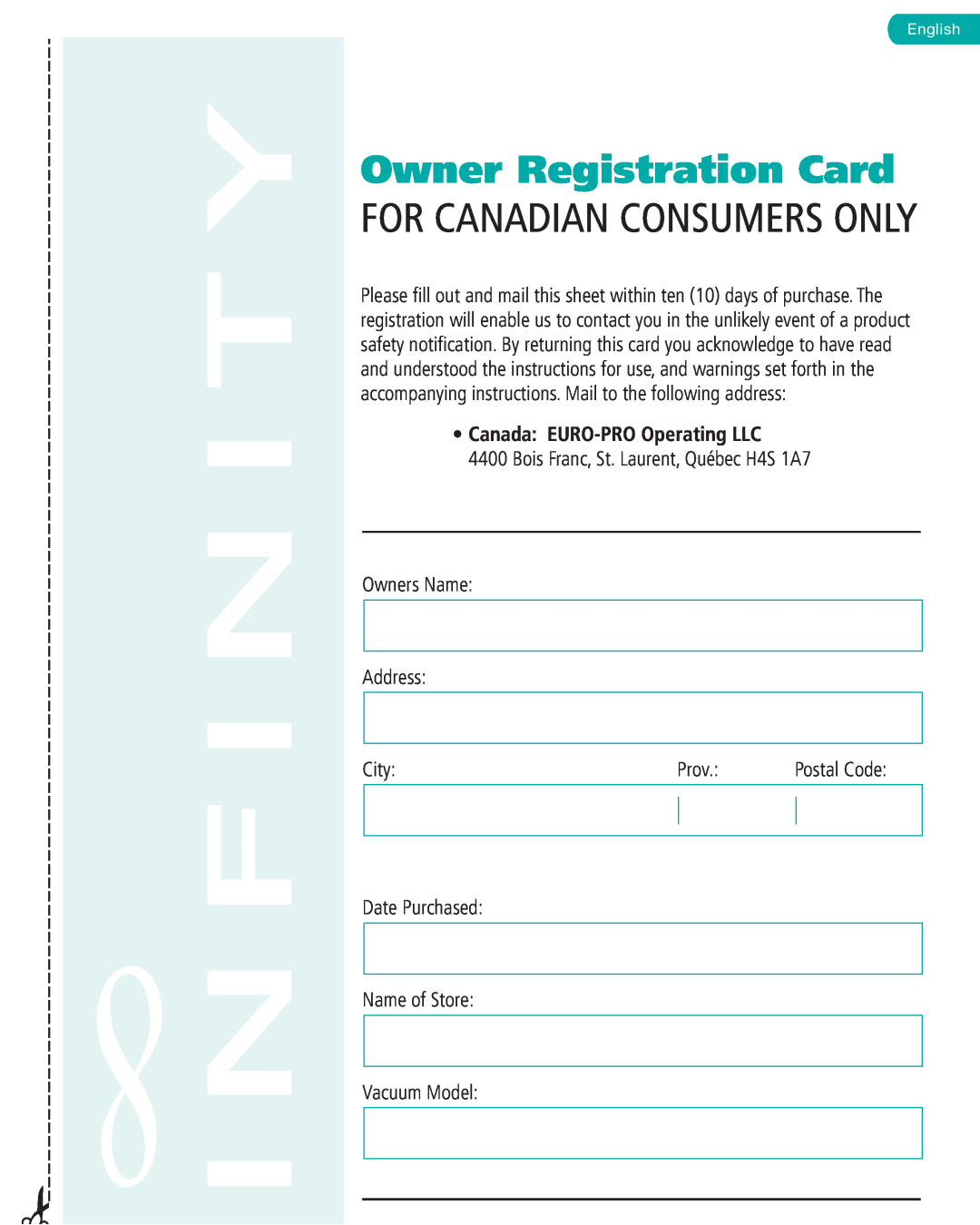 Infinity NV22C, NV22T Owner Registration Card, Bois Franc, St. Laurent, Québec H4S 1A7, Owners Name Address, City, Prov 