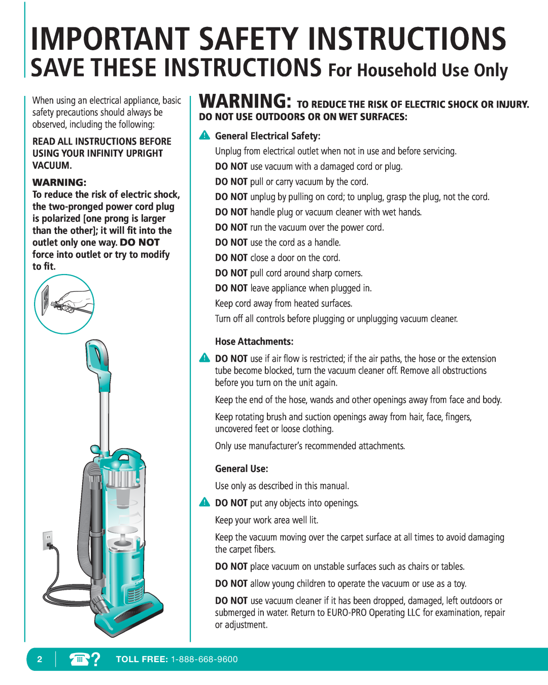 Infinity NV22 Important Safety Instructions, SAVE THESE INSTRUCTIONS For Household Use Only, General Electrical Safety 