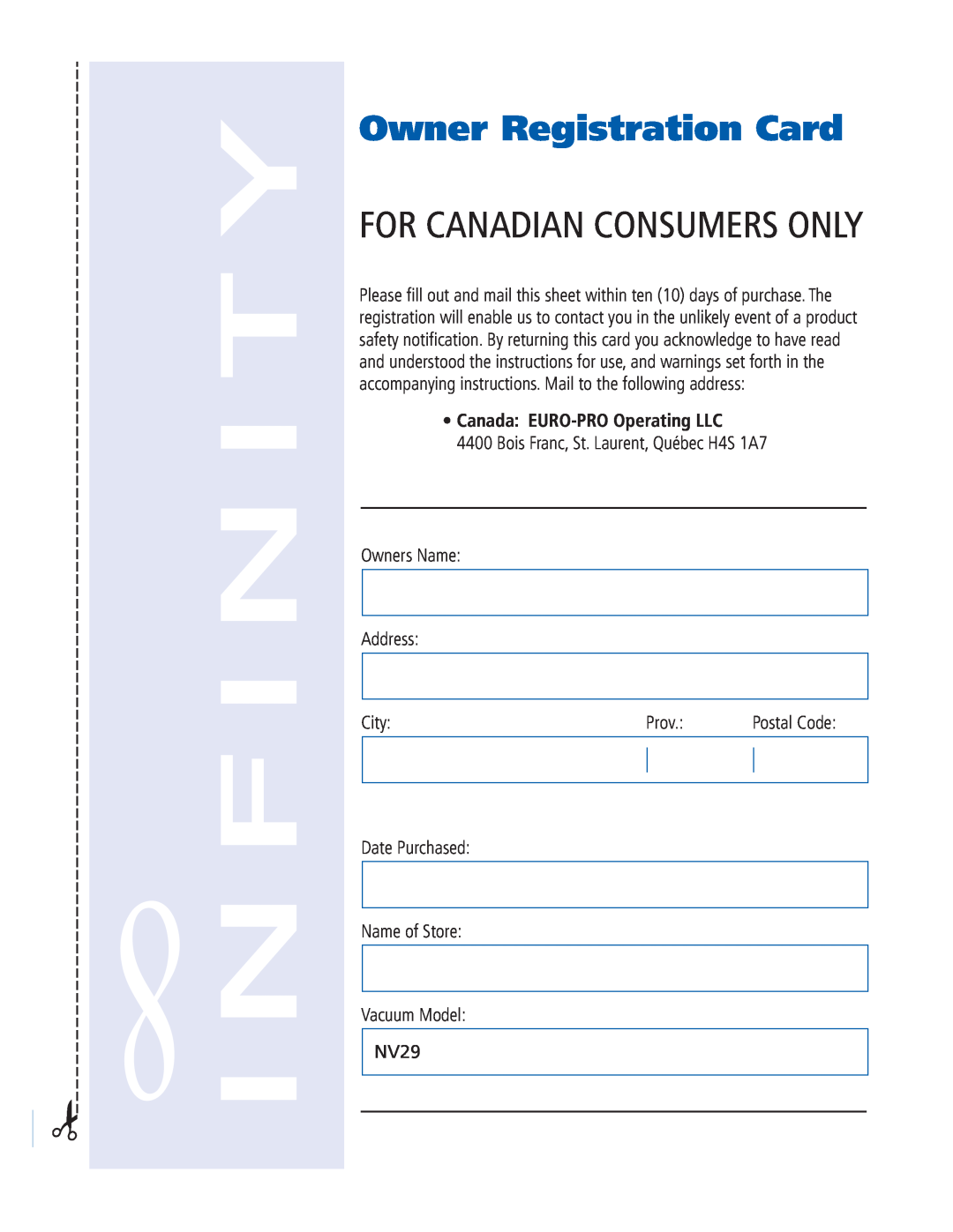 Infinity NV29 Owner Registration Card, For Canadian Consumers Only, Bois Franc, St. Laurent, Québec H4S 1A7, City, Prov 