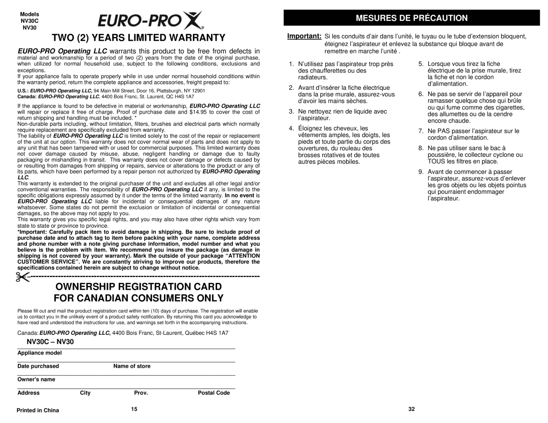 Infinity NV30C owner manual Mesures DE Précaution 