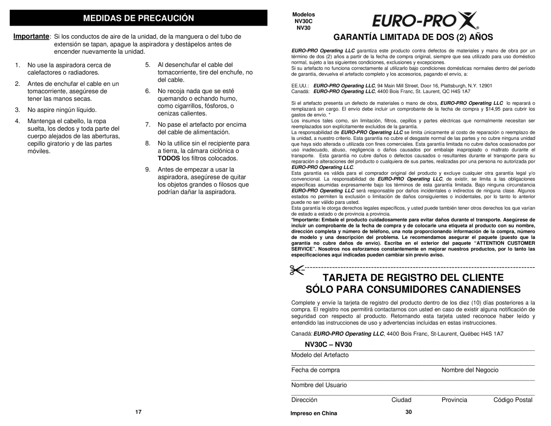 Infinity NV30C owner manual Medidas DE Precaución, Garantía Limitada DE DOS 2 Años 