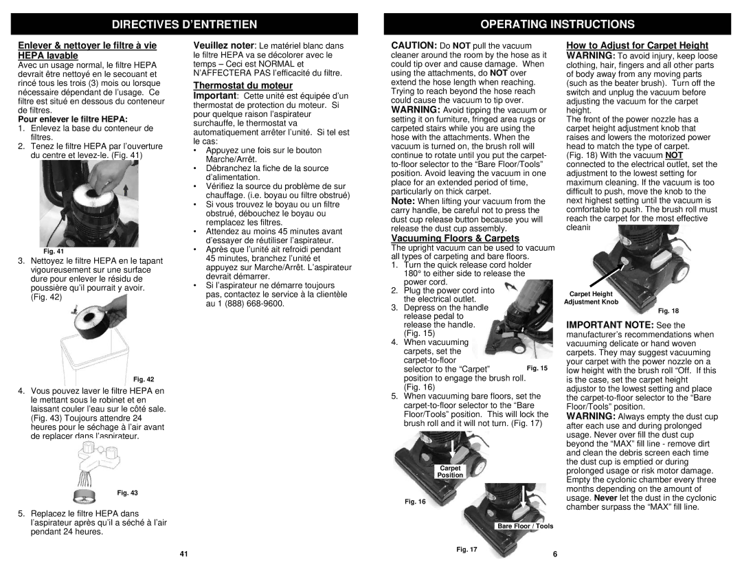 Infinity NV30C owner manual Directives D’ENTRETIEN Operating Instructions, Enlever & nettoyer le filtre à vie Hepa lavable 