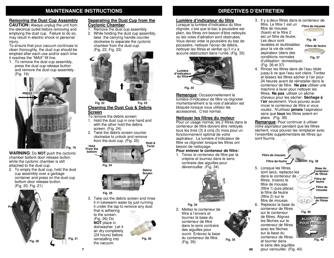 Infinity NV30C Maintenance Instructions Directives D’ENTRETIEN, Separating the Dust Cup from the Cyclonic Chamber 