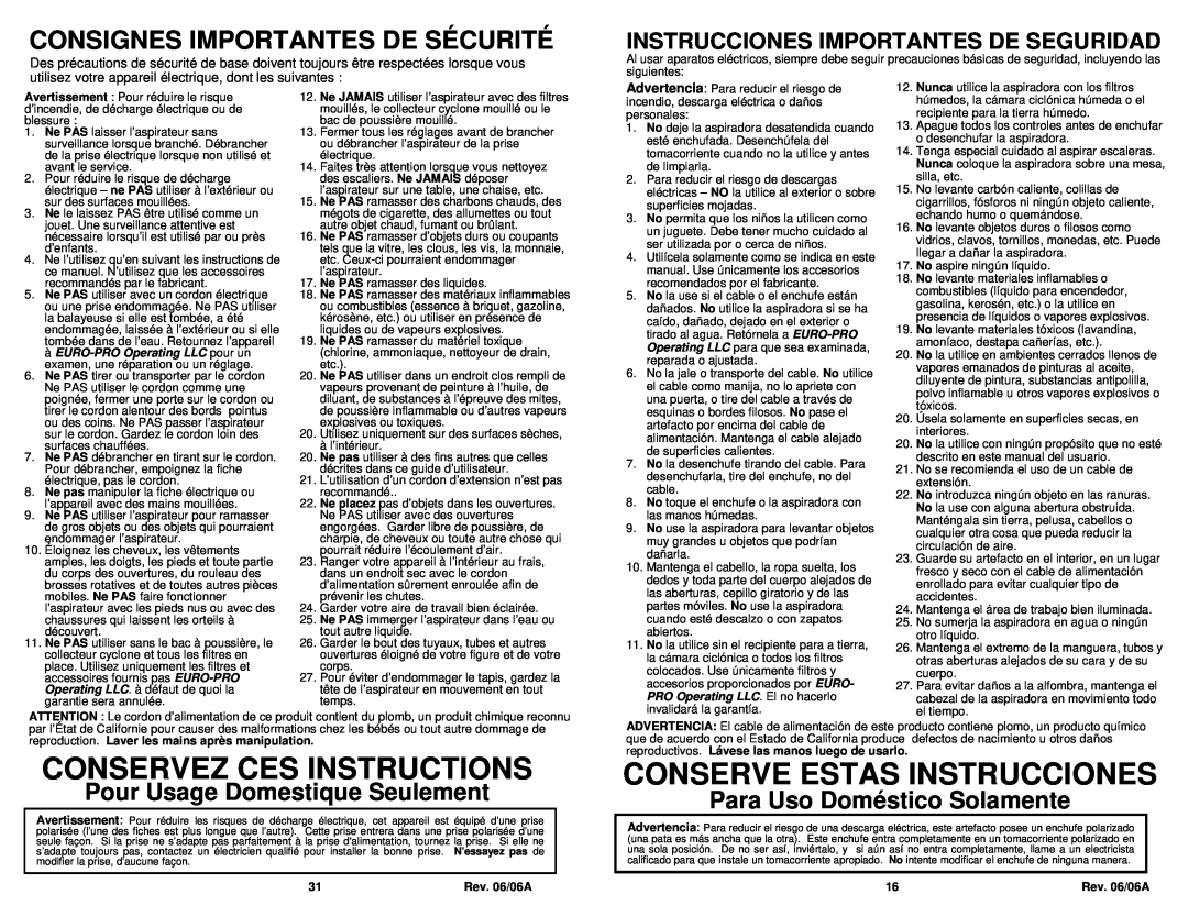 Infinity NV30C owner manual Conservez Ces Instructions, Conserve Estas Instrucciones, Consignes Importantes De Sécurité 