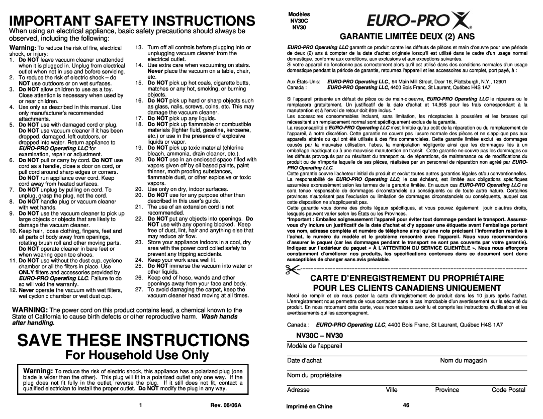 Infinity owner manual Important Safety Instructions, GARANTIE LIMITÉE DEUX 2 ANS, NV30C - NV30, Save These Instructions 