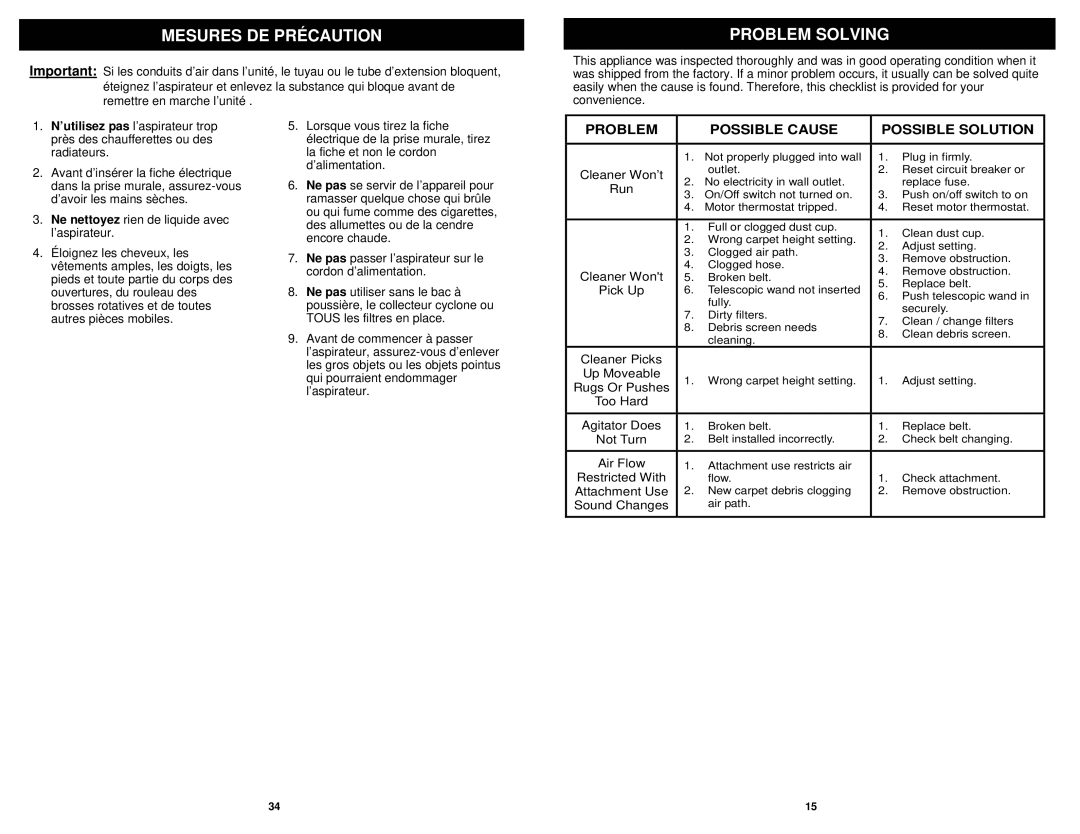 Infinity NV31C owner manual Mesures DE Précaution, Problem Solving 